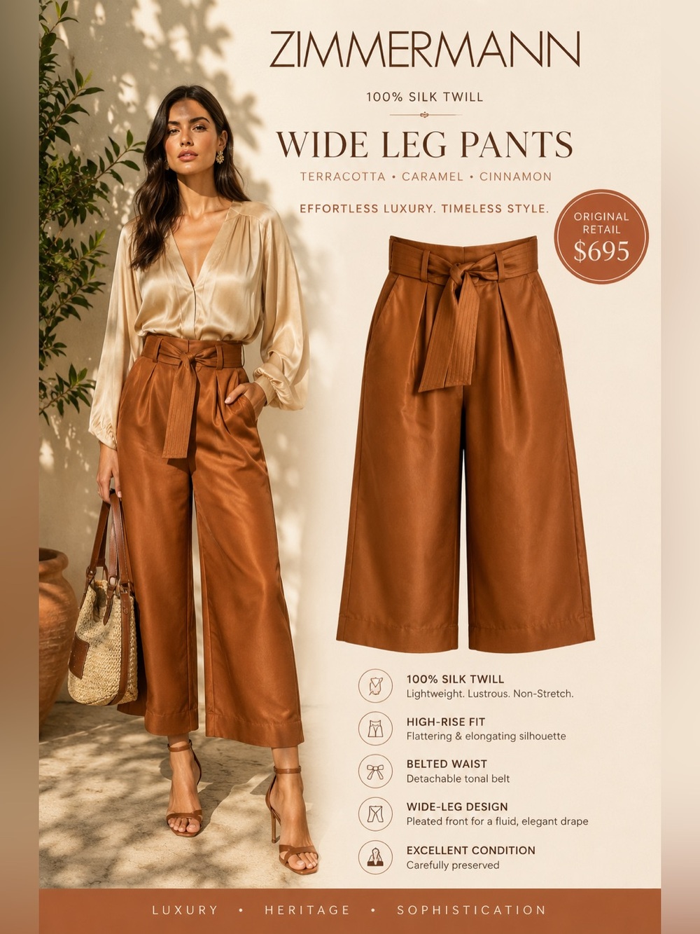 Zimmermann Silk Wide Leg Pants 1 High Rise Belted Cropped Resort Vacation Luxury